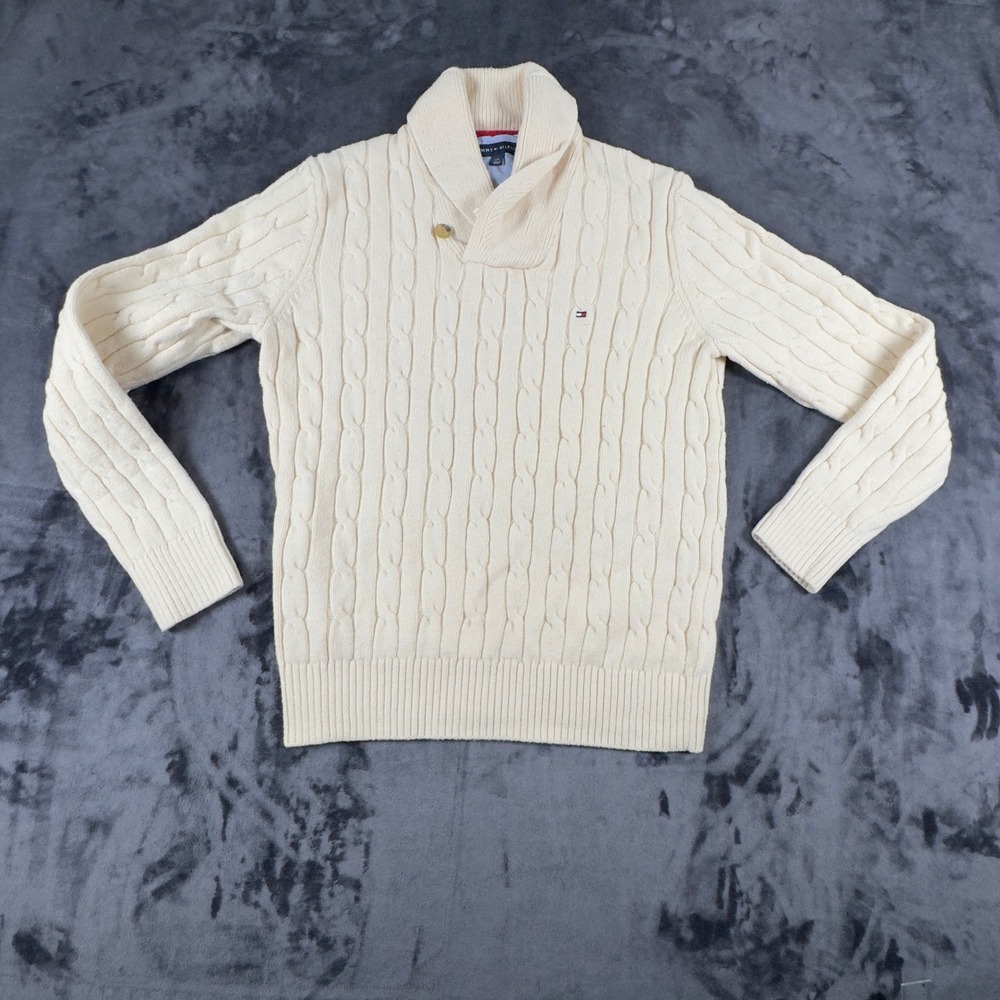 Tommy Hilfiger Sweater Mens Large Cream Cable Knit Shawl Collar Button Pullover